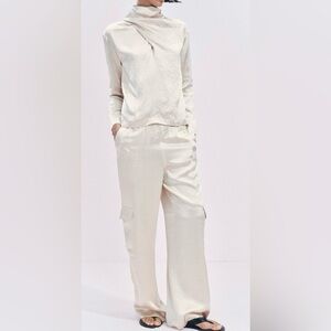 NWT ZARA Elegant Cream Wrinkle Effect Cargo Pants Set size Small